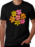 Retro Floral Graphic Tee - Black Cotton T-Shirt