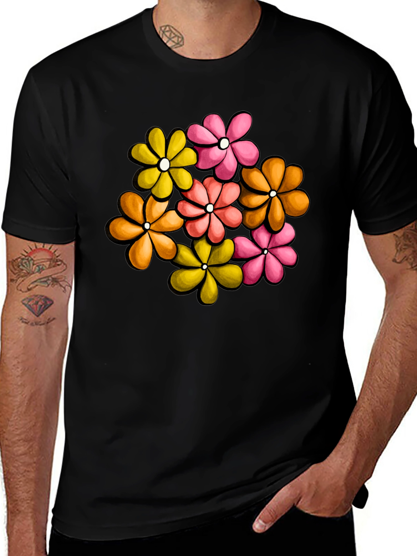 Retro Floral Graphic Tee - Black Cotton T-Shirt