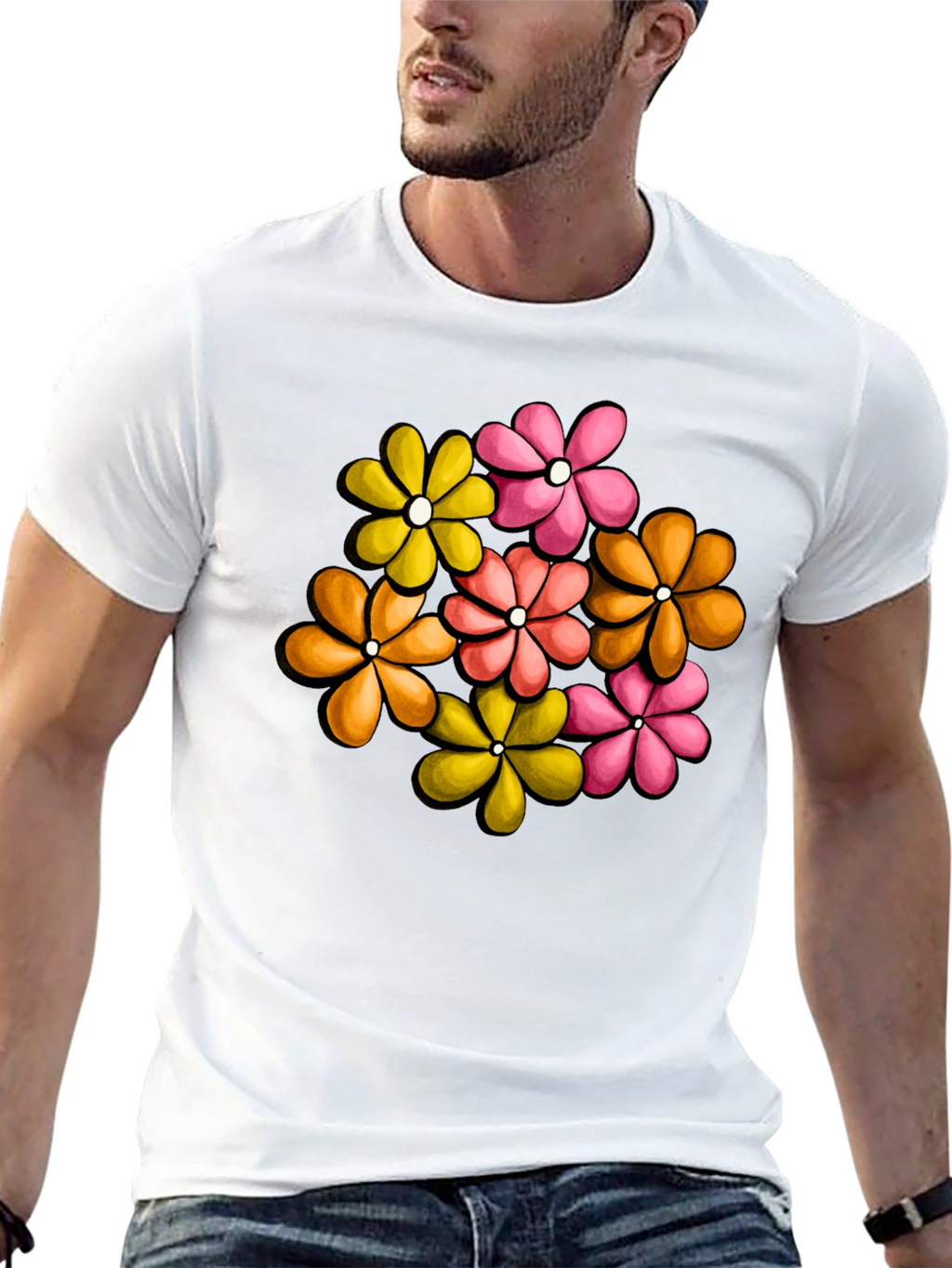 Retro Floral Graphic Tee - Black Cotton T-Shirt
