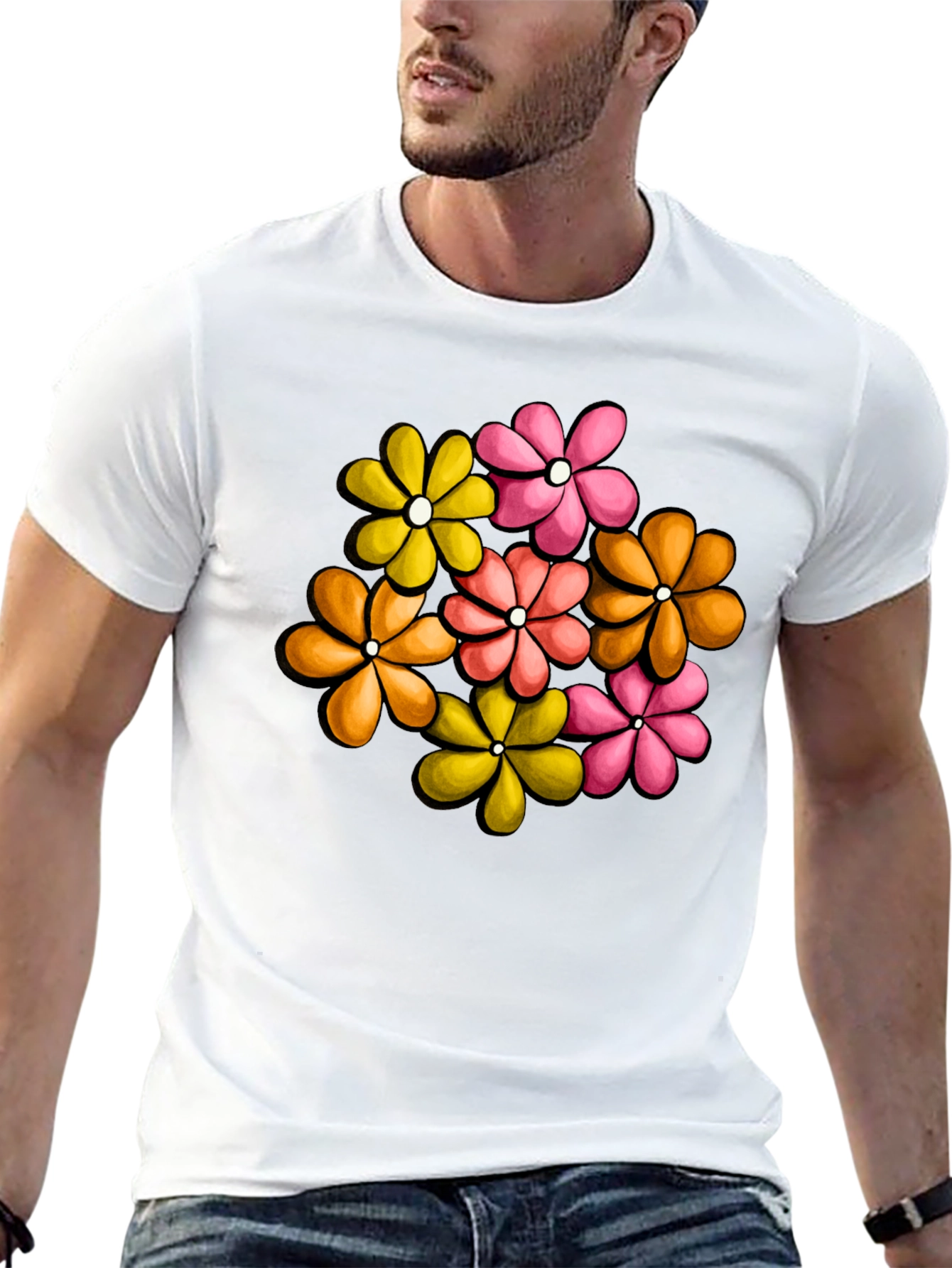 Retro Floral Graphic Tee - Black Cotton T-Shirt