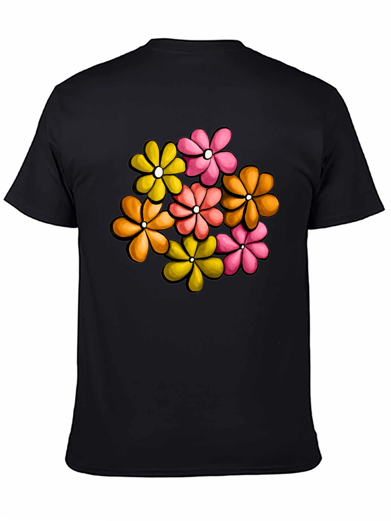 Retro Floral Graphic Tee - Black Cotton T-Shirt