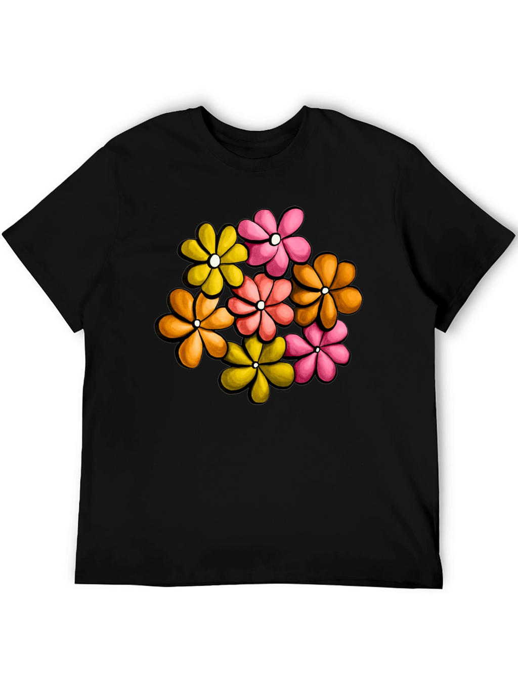 Retro Floral Graphic Tee - Black Cotton T-Shirt