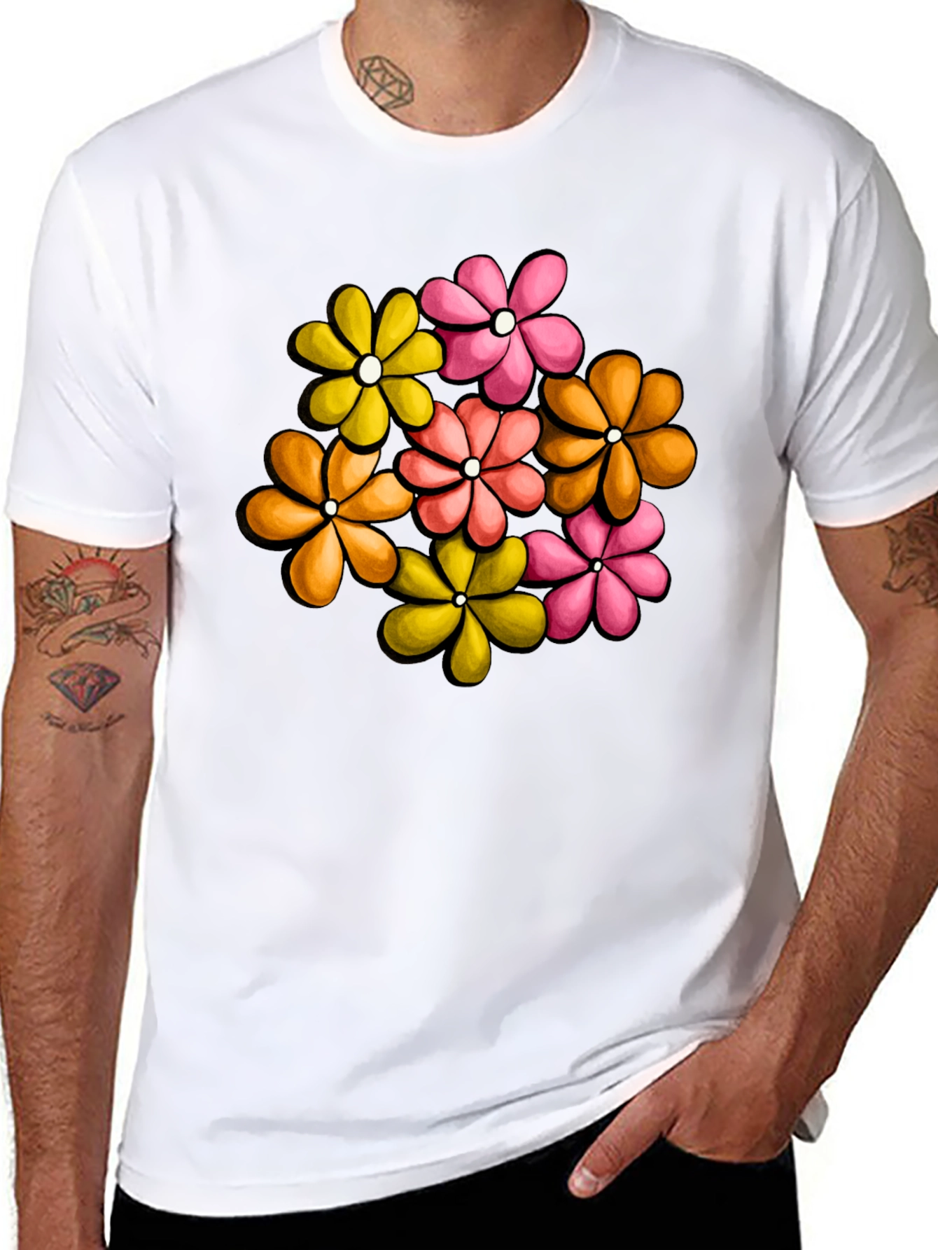 Retro Floral Graphic Tee - Black Cotton T-Shirt