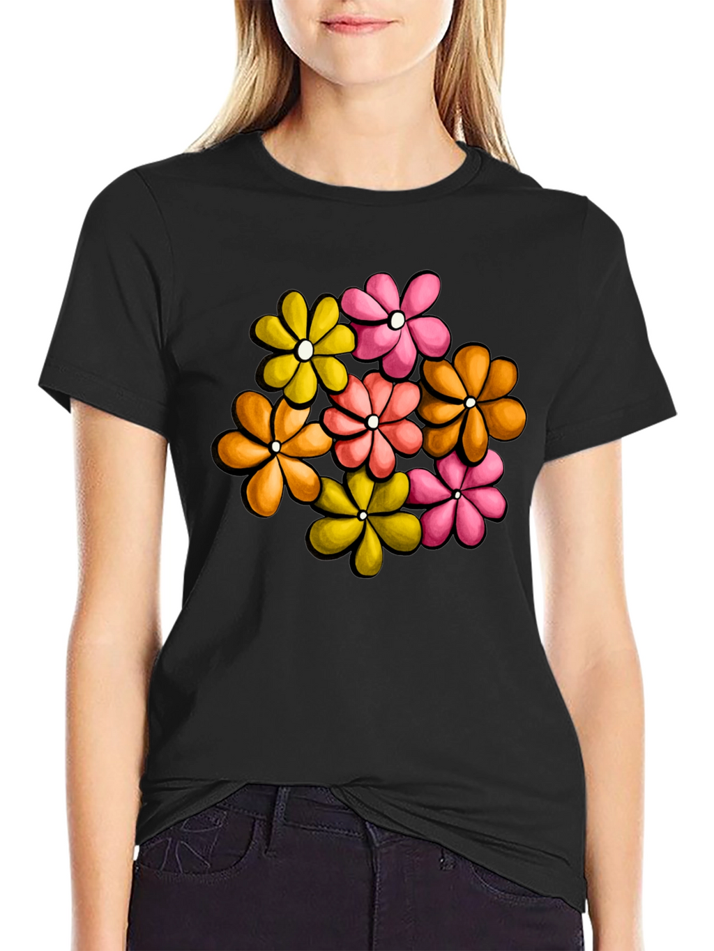 Retro Floral Graphic Tee - Black Cotton T-Shirt