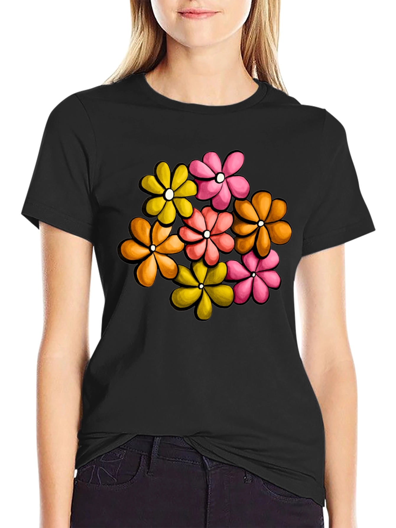 Retro Floral Graphic Tee - Black Cotton T-Shirt