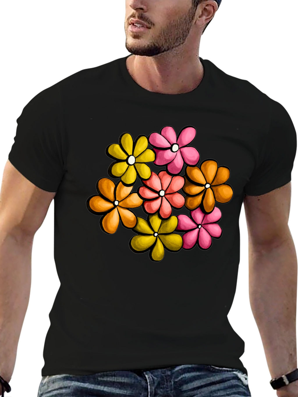 Retro Floral Graphic Tee - Black Cotton T-Shirt