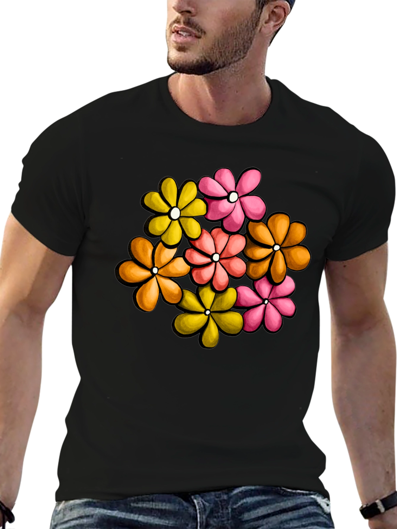 Retro Floral Graphic Tee - Black Cotton T-Shirt