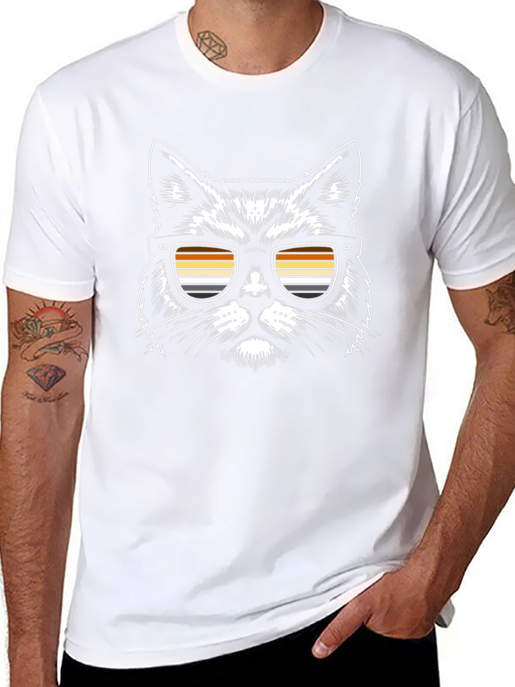 Cool Cat T-Shirt - Retro Striped Sunglasses