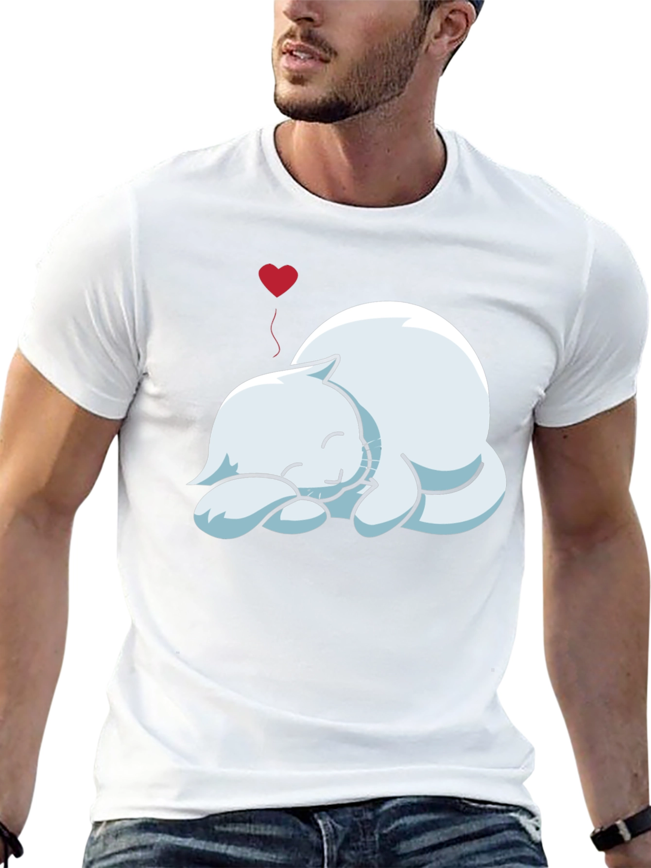 Mens Black T-Shirt with Sleeping Cat Graphic