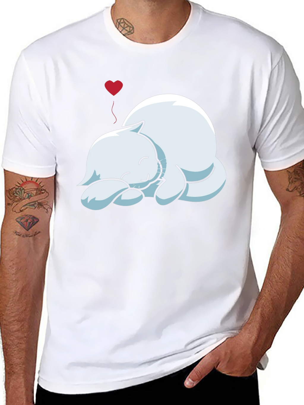 Mens Black T-Shirt with Sleeping Cat Graphic