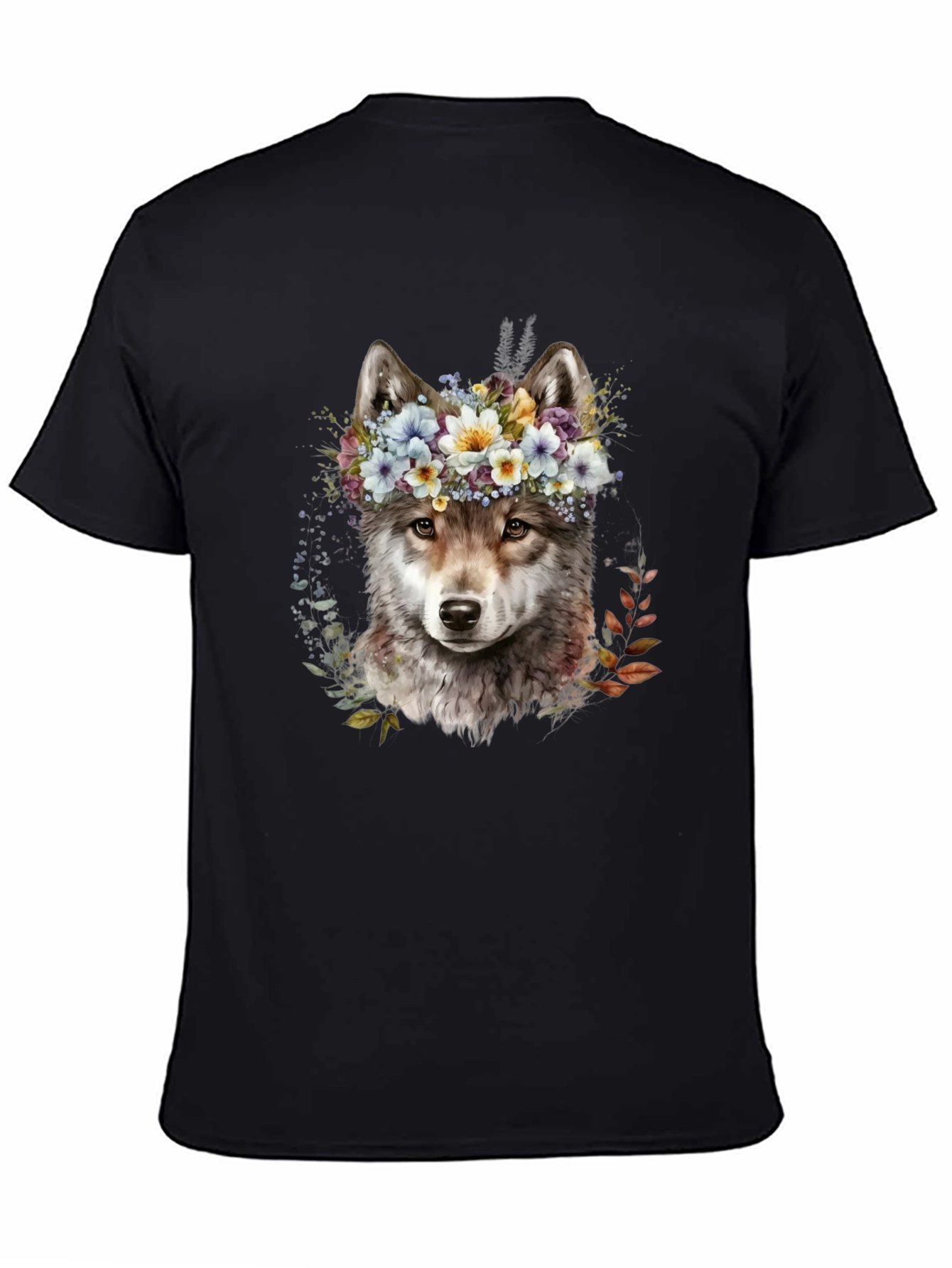 Wolf Floral Crown Graphic Tee - Unisex Black T-Shirt