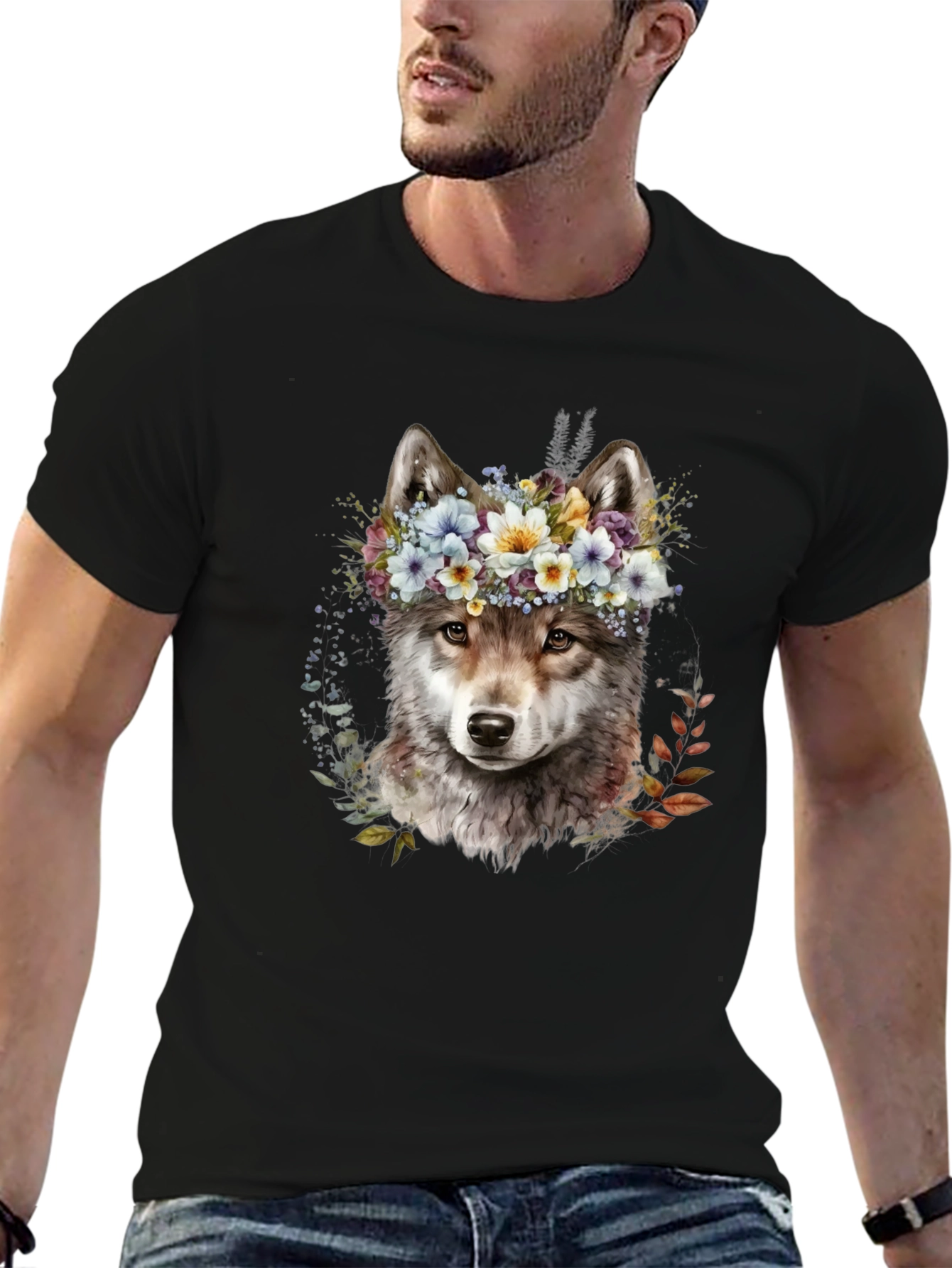 Wolf Floral Crown Graphic Tee - Unisex Black T-Shirt