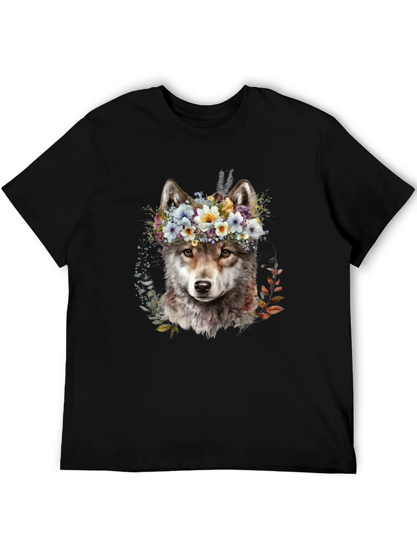 Wolf Floral Crown Graphic Tee - Unisex Black T-Shirt