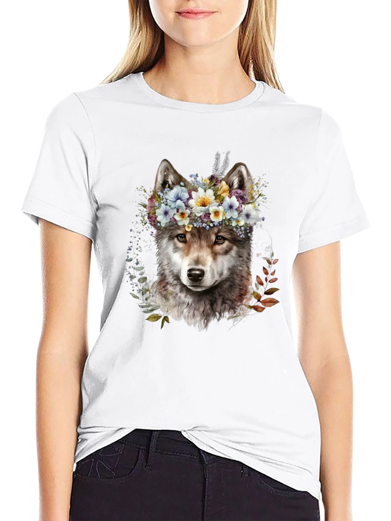 Wolf Floral Crown Graphic Tee - Unisex Black T-Shirt