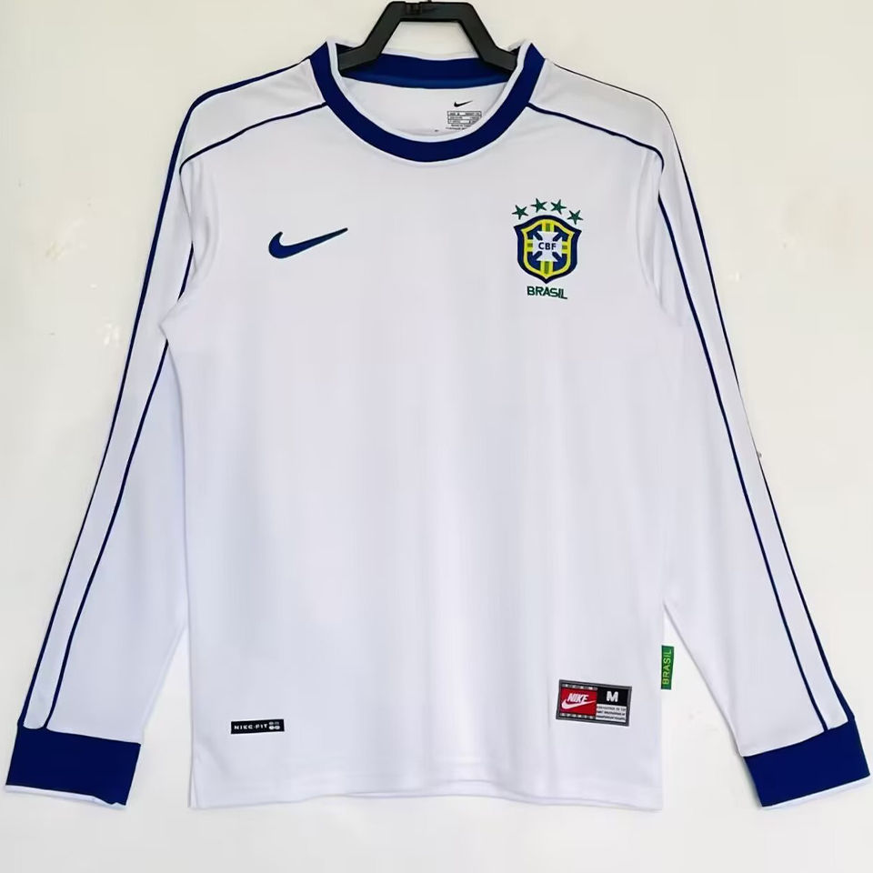 1998 Brazil White Retro Long Sleeve Soccer Jersey Item NO.: 2153863 Front