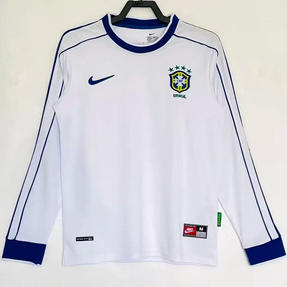 1998 Brazil White Retro Long Sleeve Soccer Jersey Front