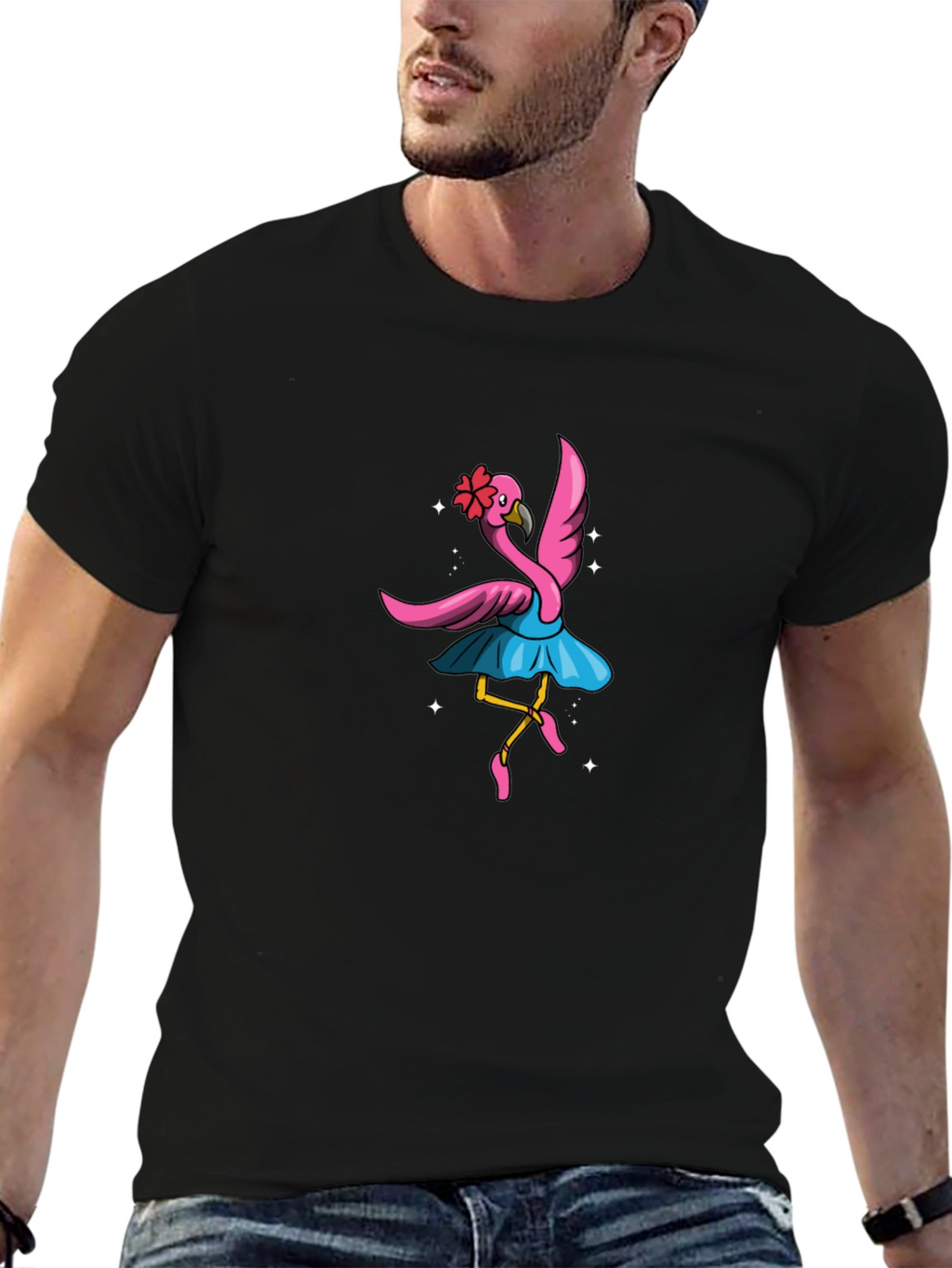Dancing Flamingo Graphic Tee - Black Cotton Shirt