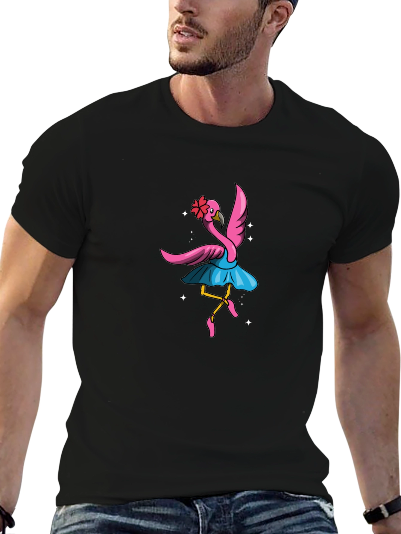 Dancing Flamingo Graphic Tee - Black Cotton Shirt