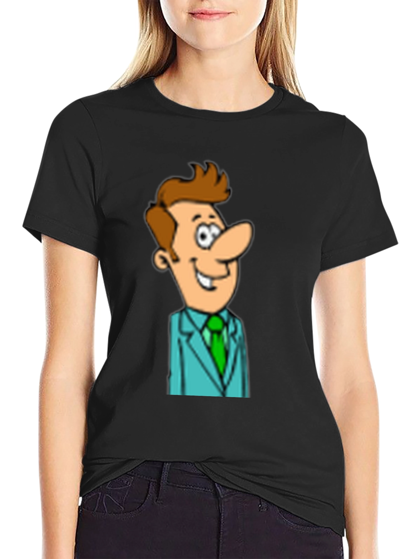 Cartoon Man in Suit Graphic Black T-Shirt