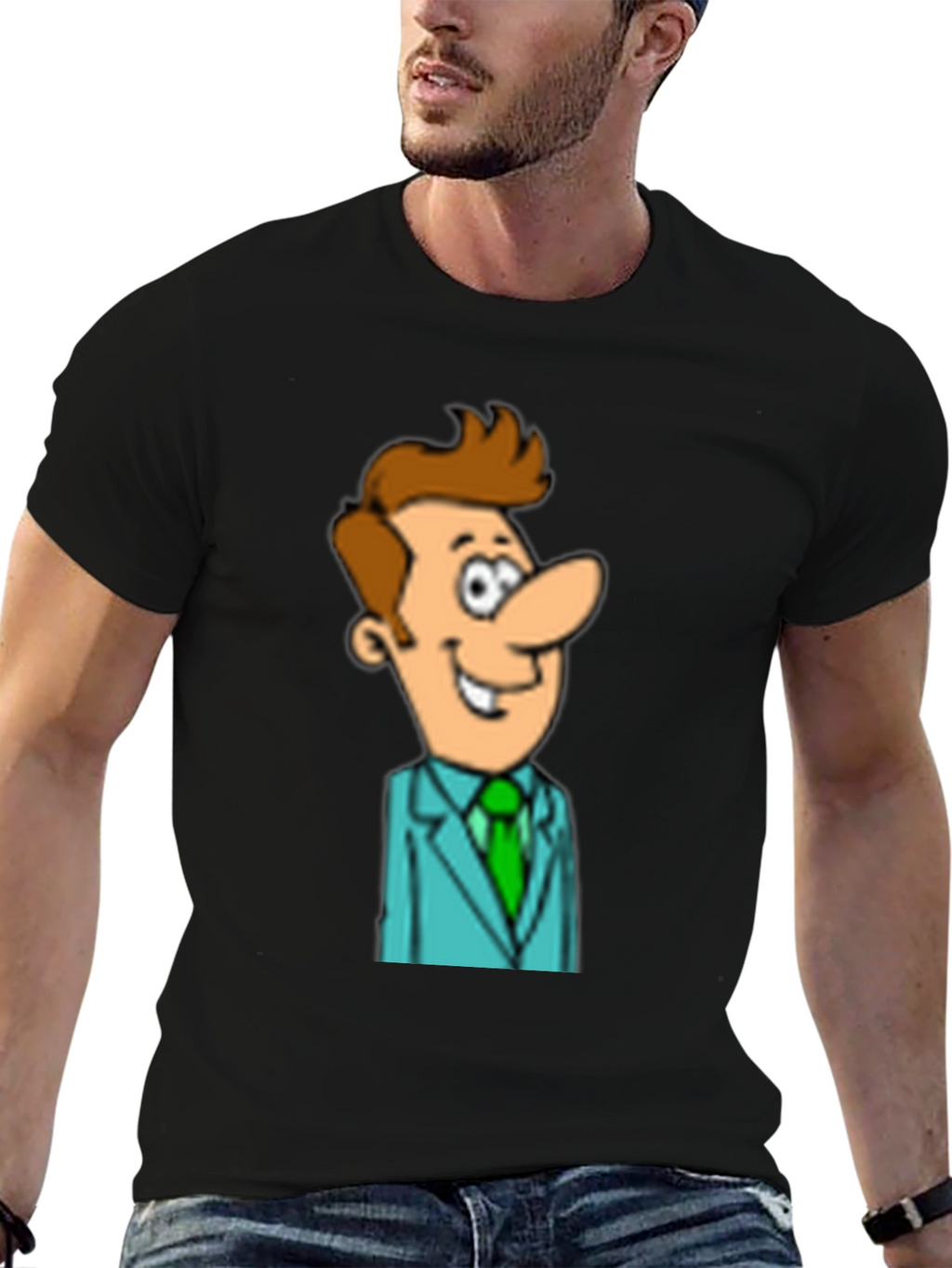 Cartoon Man in Suit Graphic Black T-Shirt
