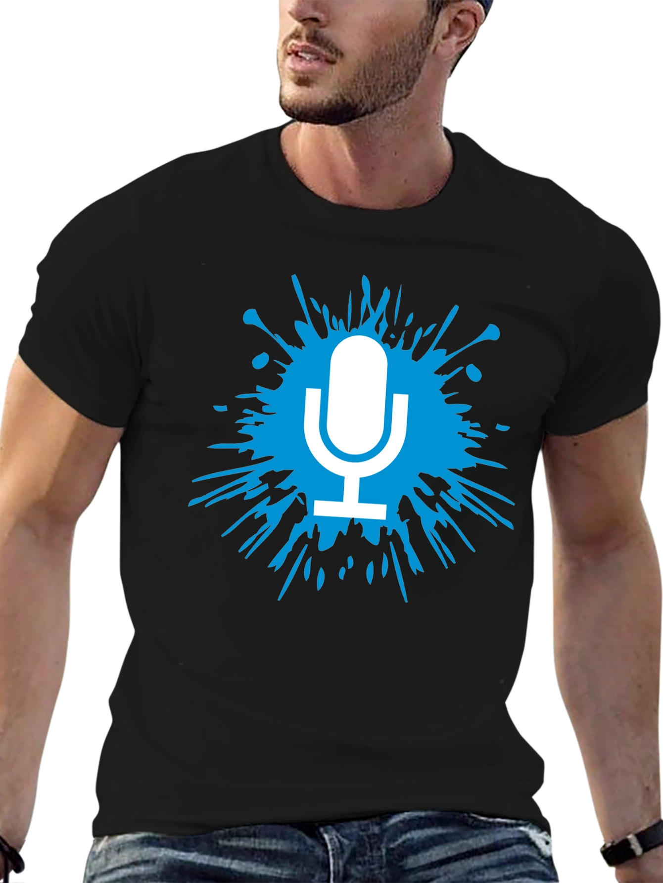 Mens Black T-Shirt with Microphone Splash Graphic