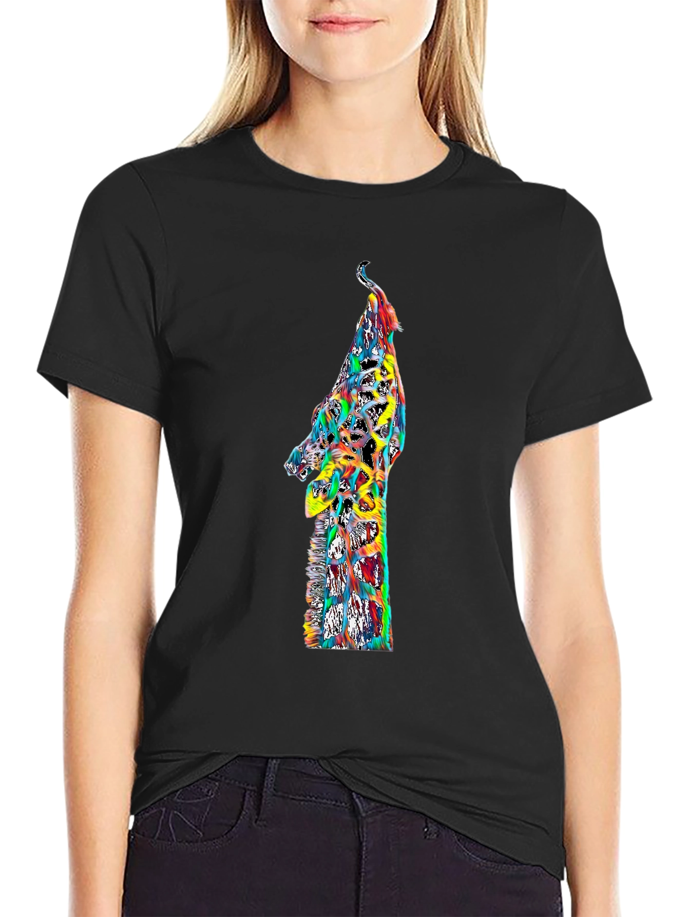 Colorful Giraffe Graphic Print Black T-Shirt