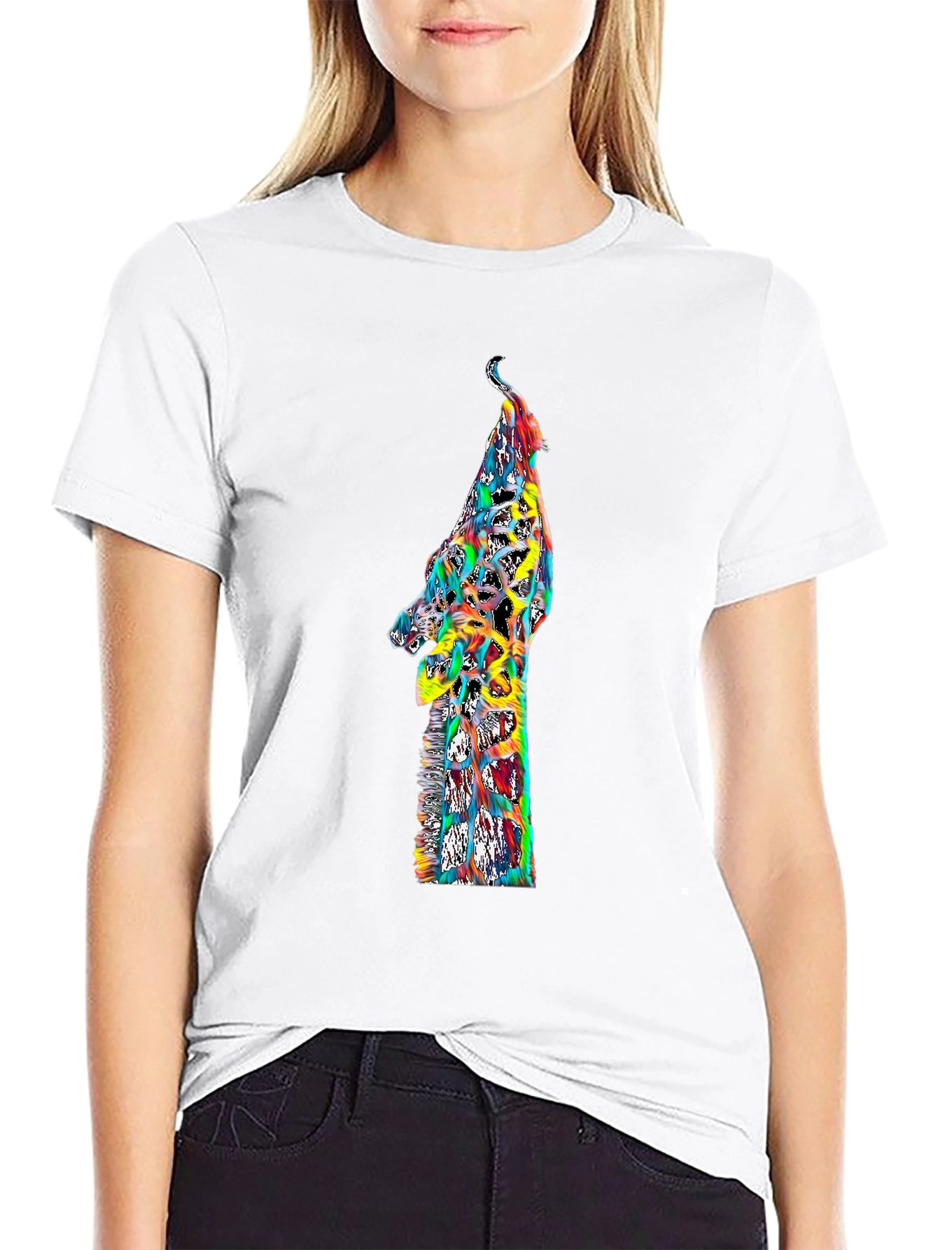 Colorful Giraffe Graphic Print Black T-Shirt