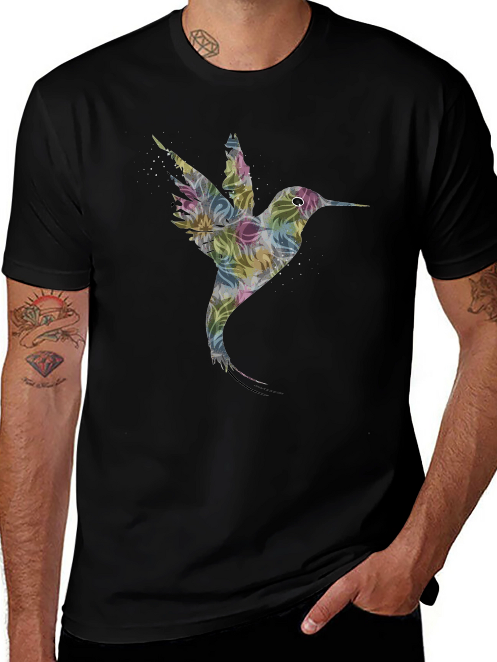 Hummingbird Floral Print Black T-Shirt
