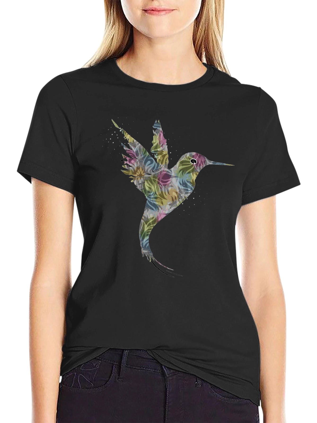 Hummingbird Floral Print Black T-Shirt