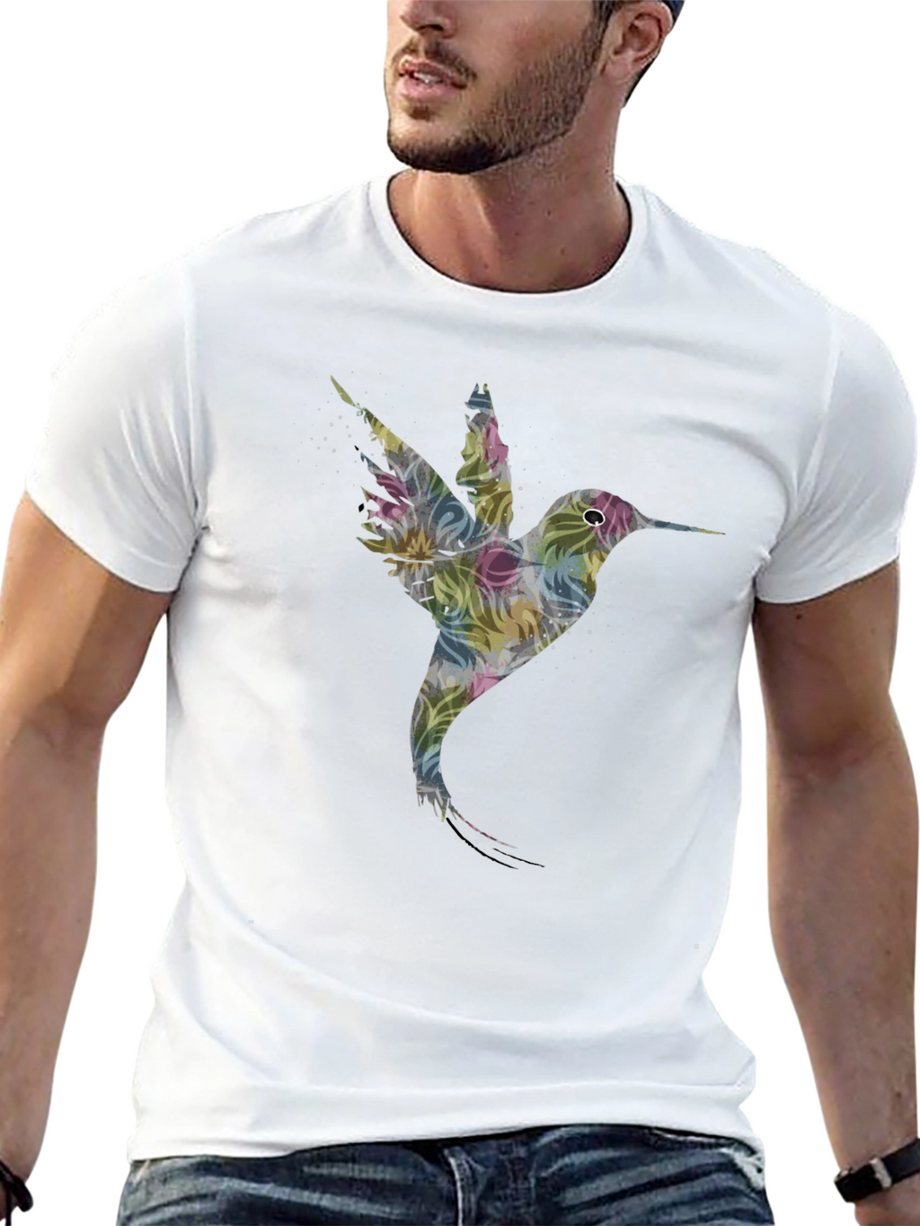 Hummingbird Floral Print Black T-Shirt