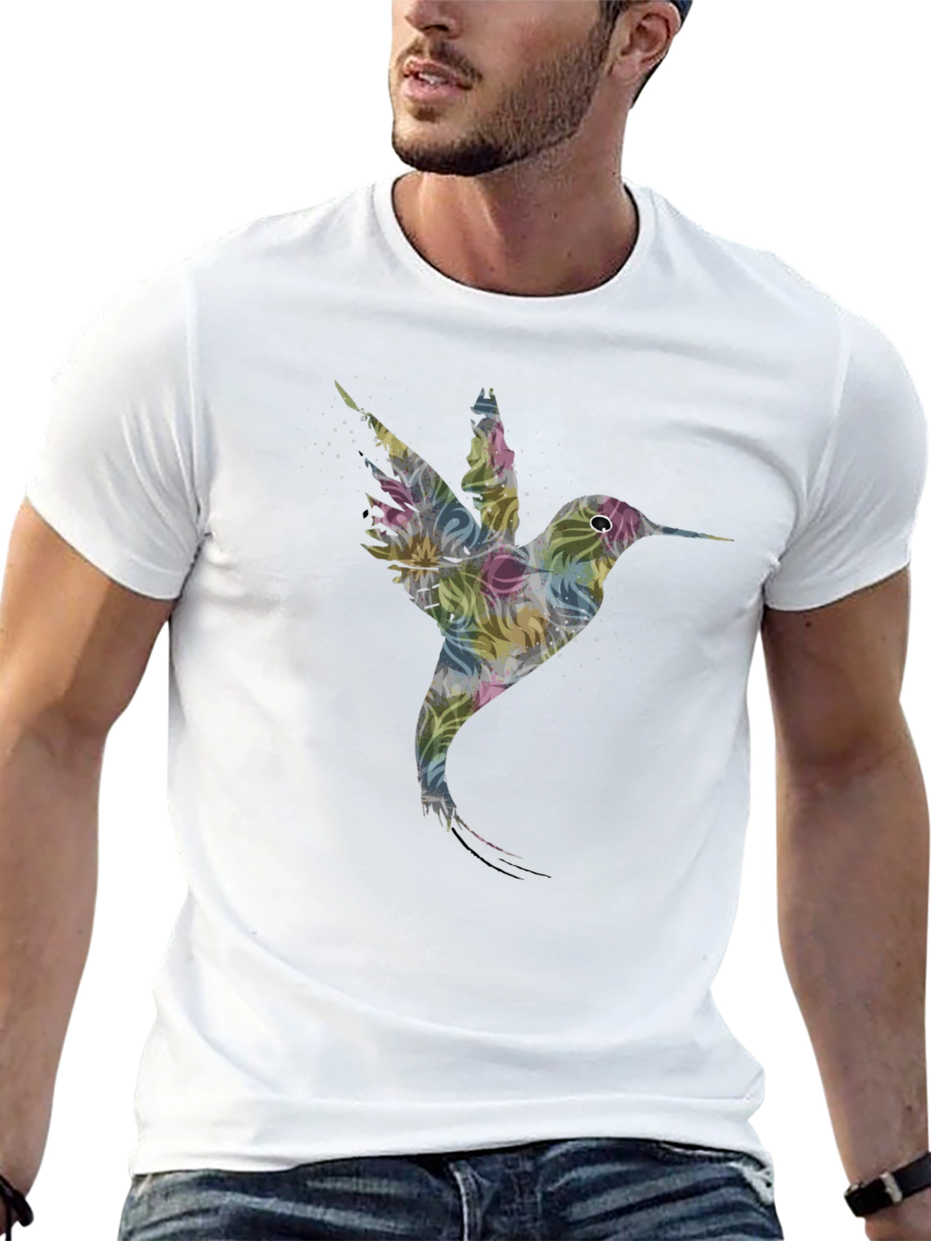 Hummingbird Floral Print Black T-Shirt