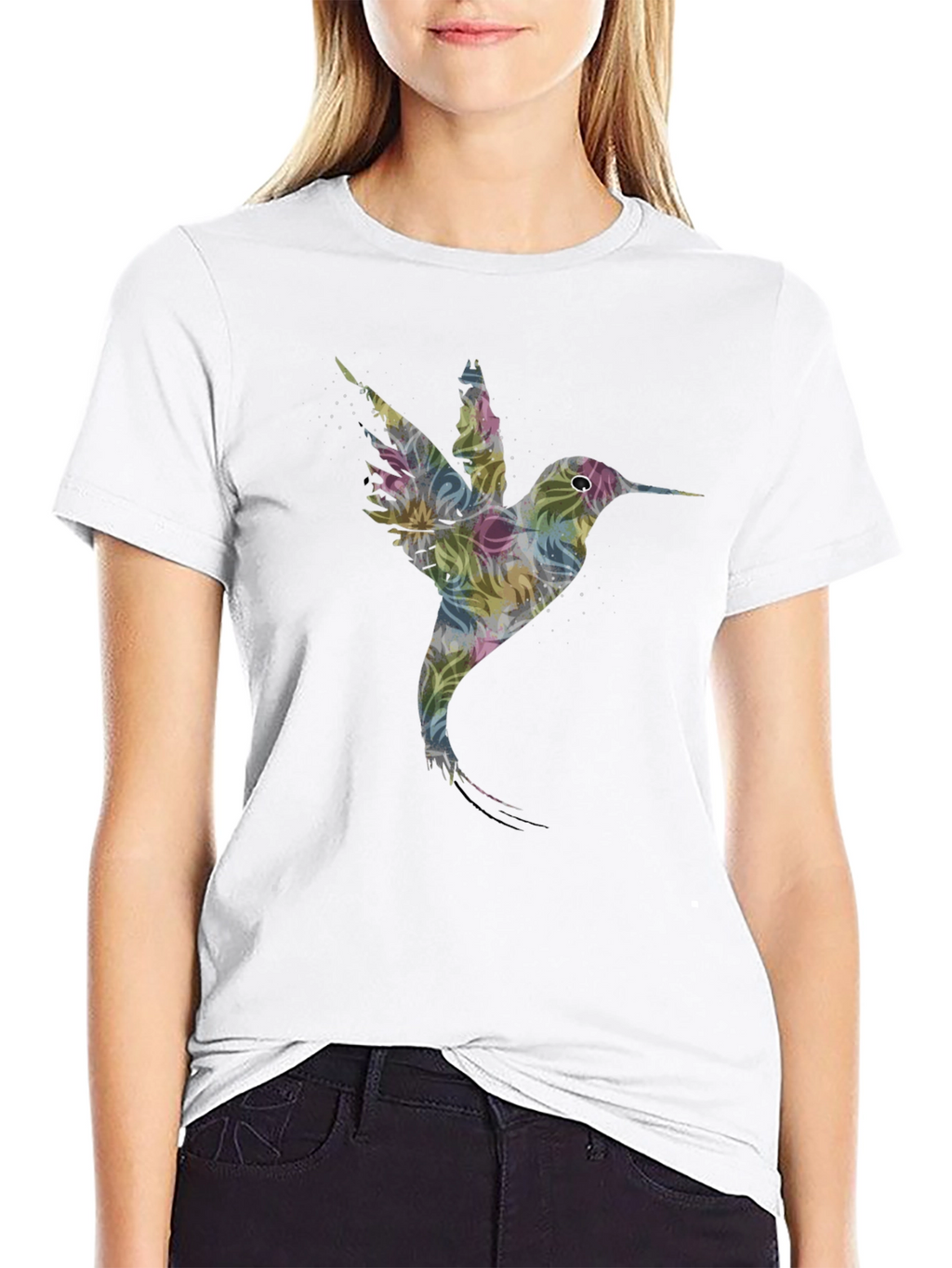 Hummingbird Floral Print Black T-Shirt