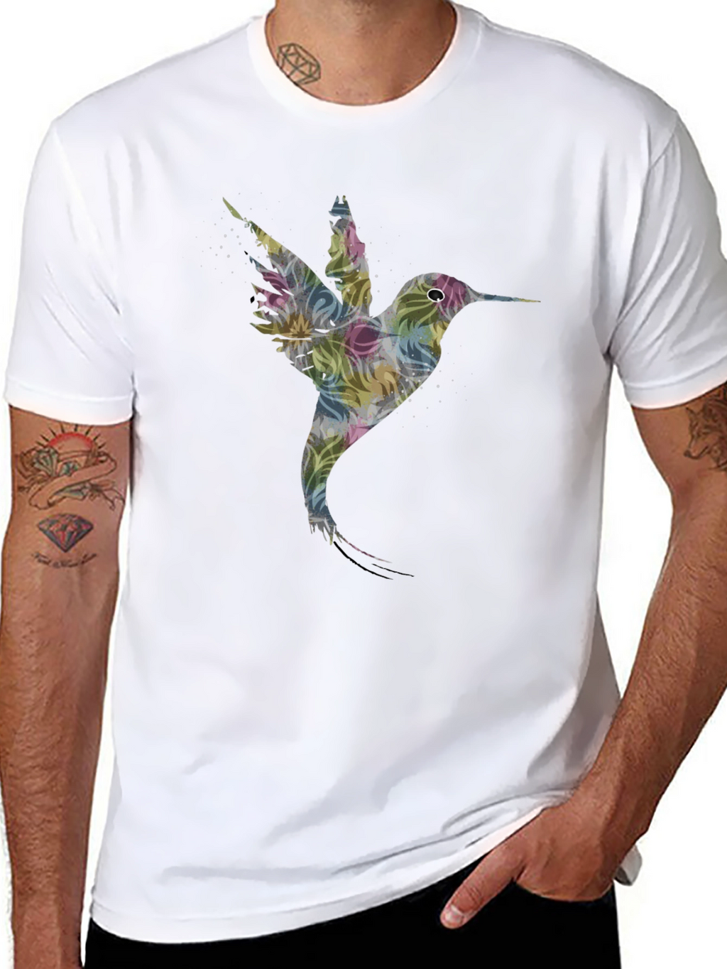 Hummingbird Floral Print Black T-Shirt
