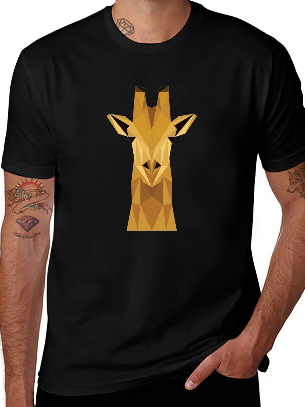 Geometric Giraffe Graphic Tee - Black Cotton Shirt
