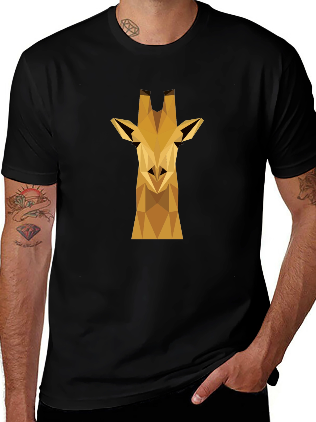 Geometric Giraffe Graphic Tee - Black Cotton Shirt