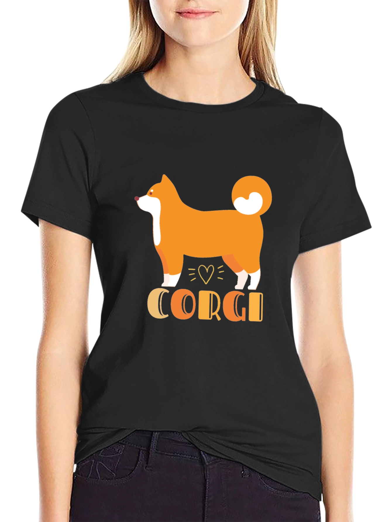 Cute Corgi Dog Graphic Print T-Shirt - Black