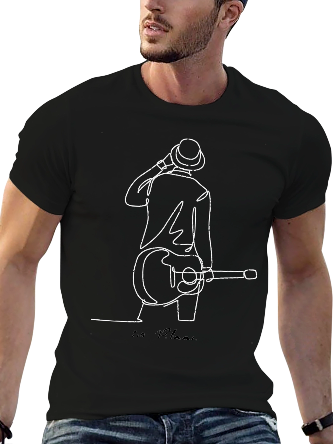 Line Art Musician T-Shirt - Black Cotton Blend