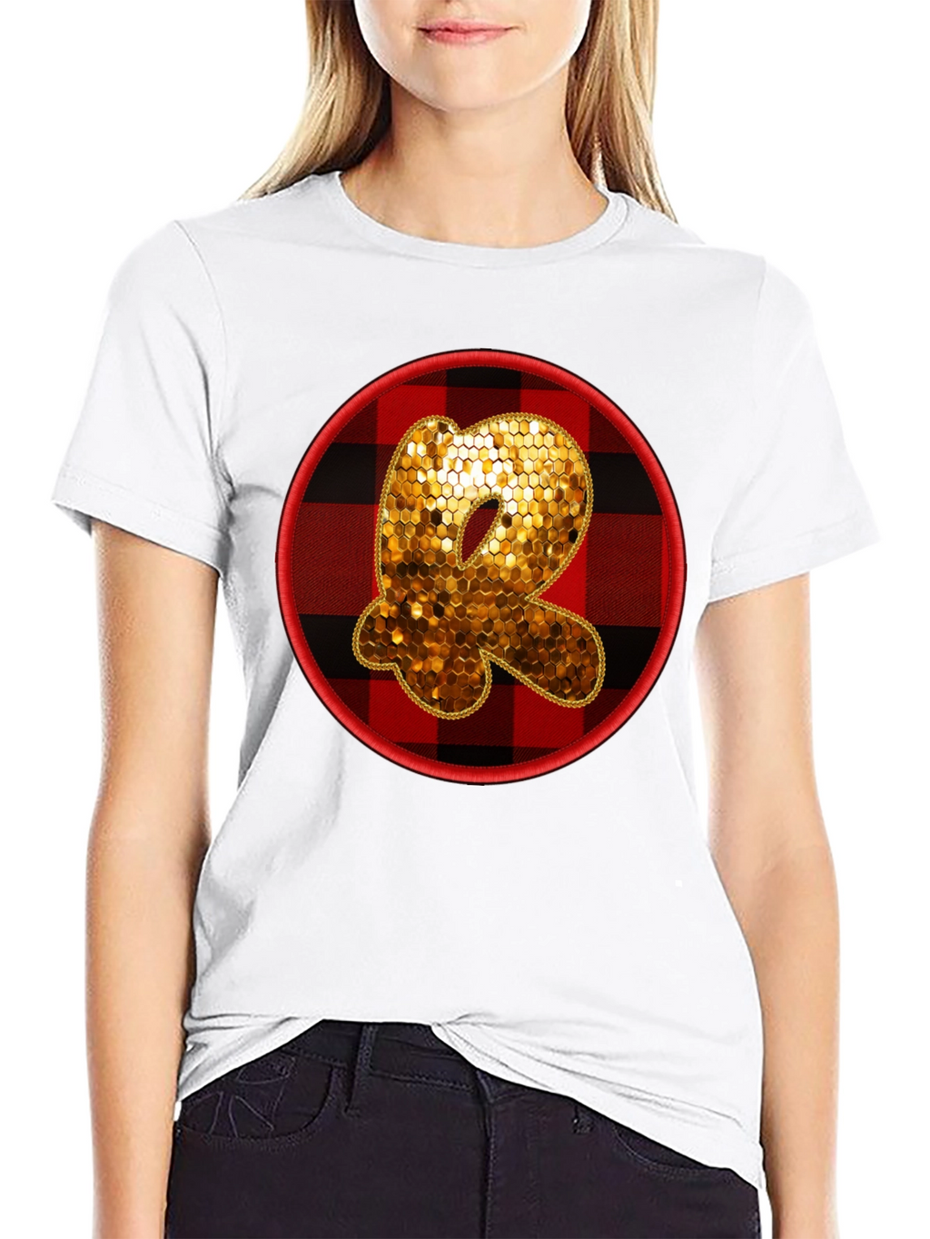 Initial R Sequin Buffalo Plaid Tee