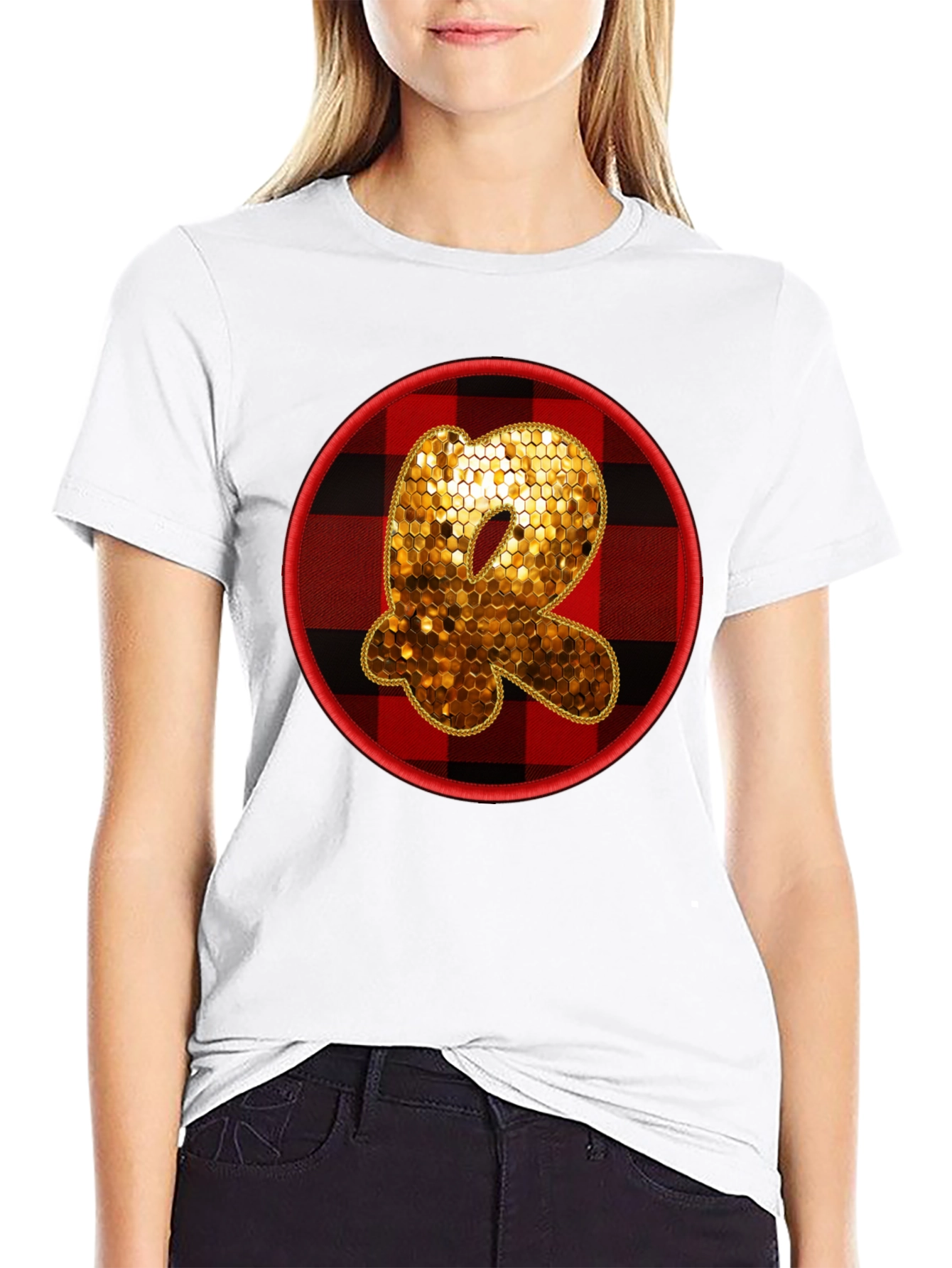 Initial R Sequin Buffalo Plaid Tee