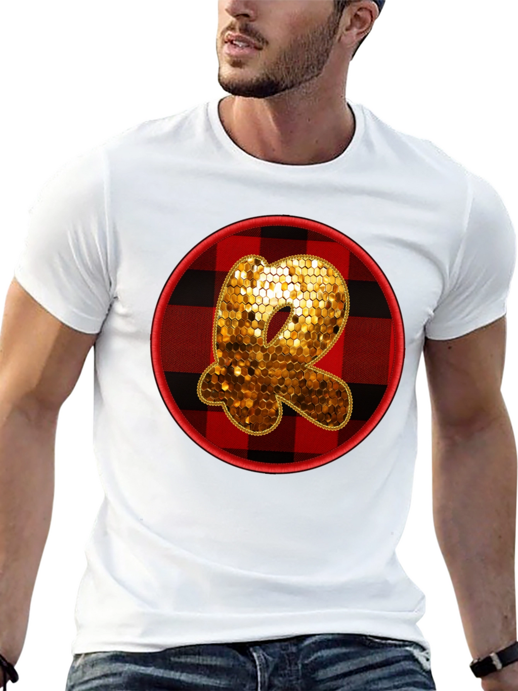 Initial R Sequin Buffalo Plaid Tee