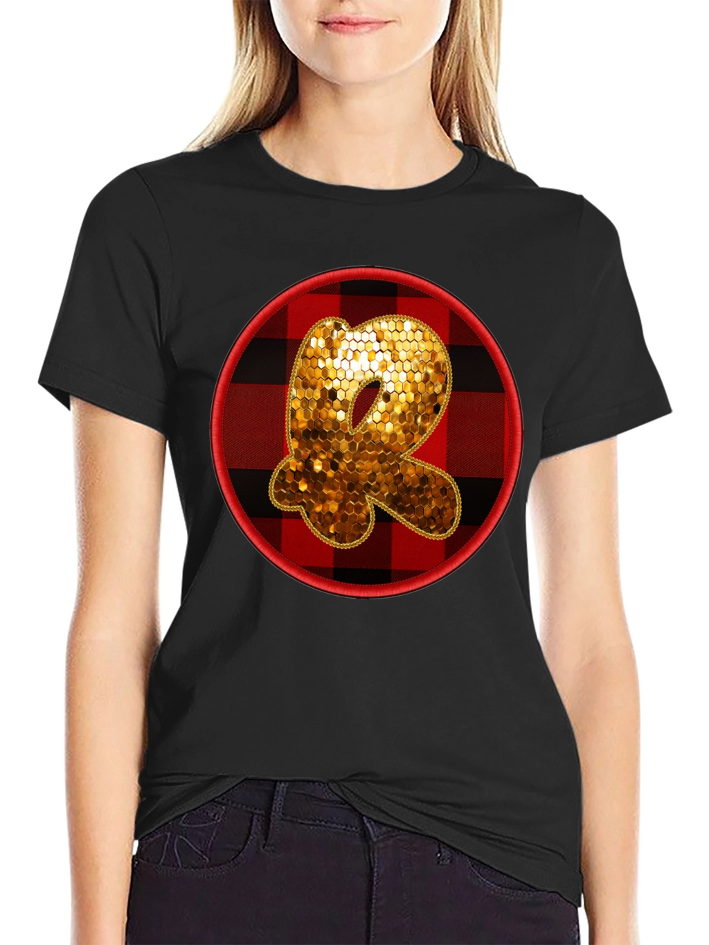 Initial R Sequin Buffalo Plaid Tee