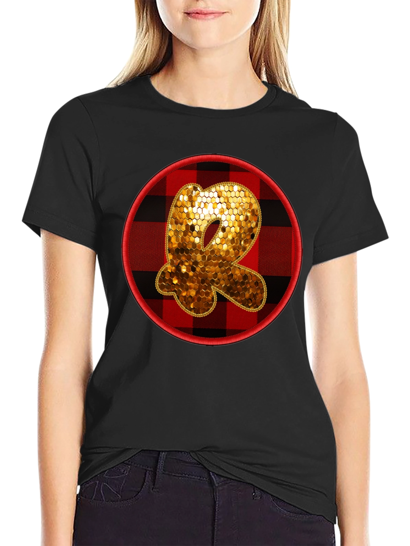 Initial R Sequin Buffalo Plaid Tee