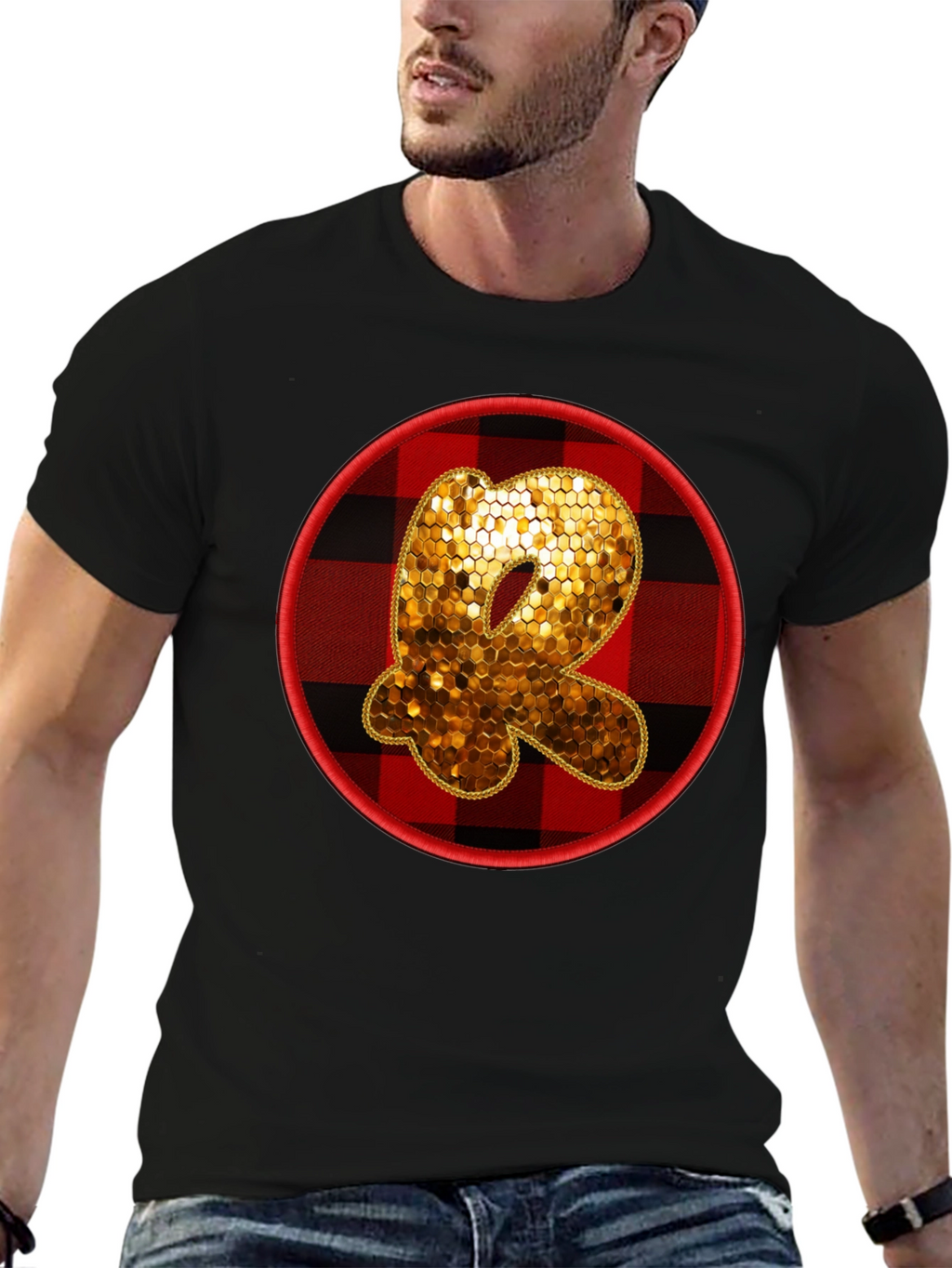 Initial R Sequin Buffalo Plaid Tee