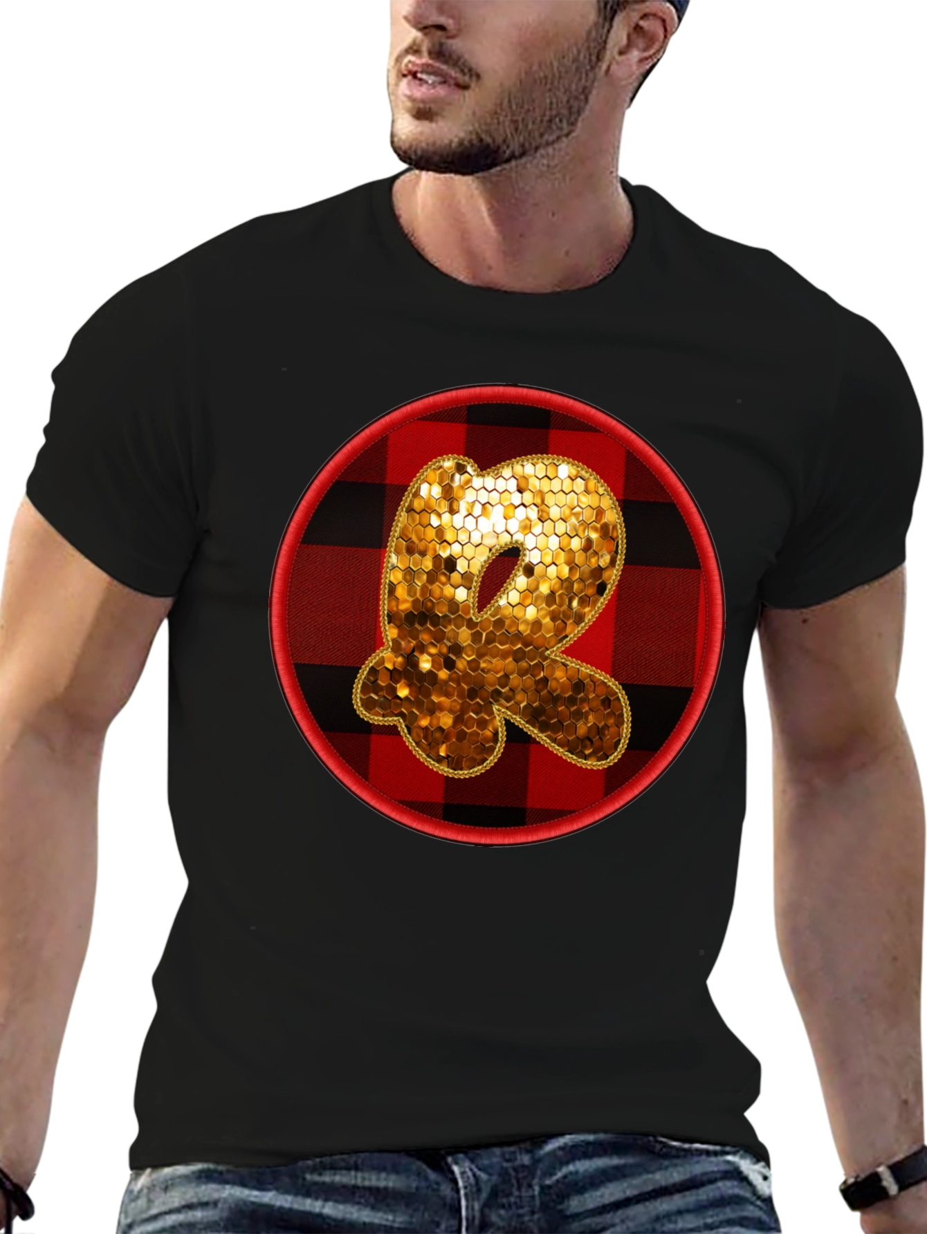 Initial R Sequin Buffalo Plaid Tee