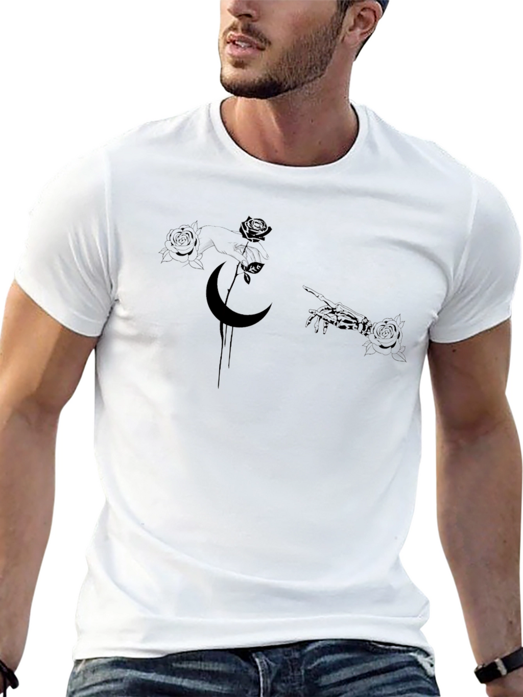 Gothic Moon & Rose Graphic Black T-Shirt