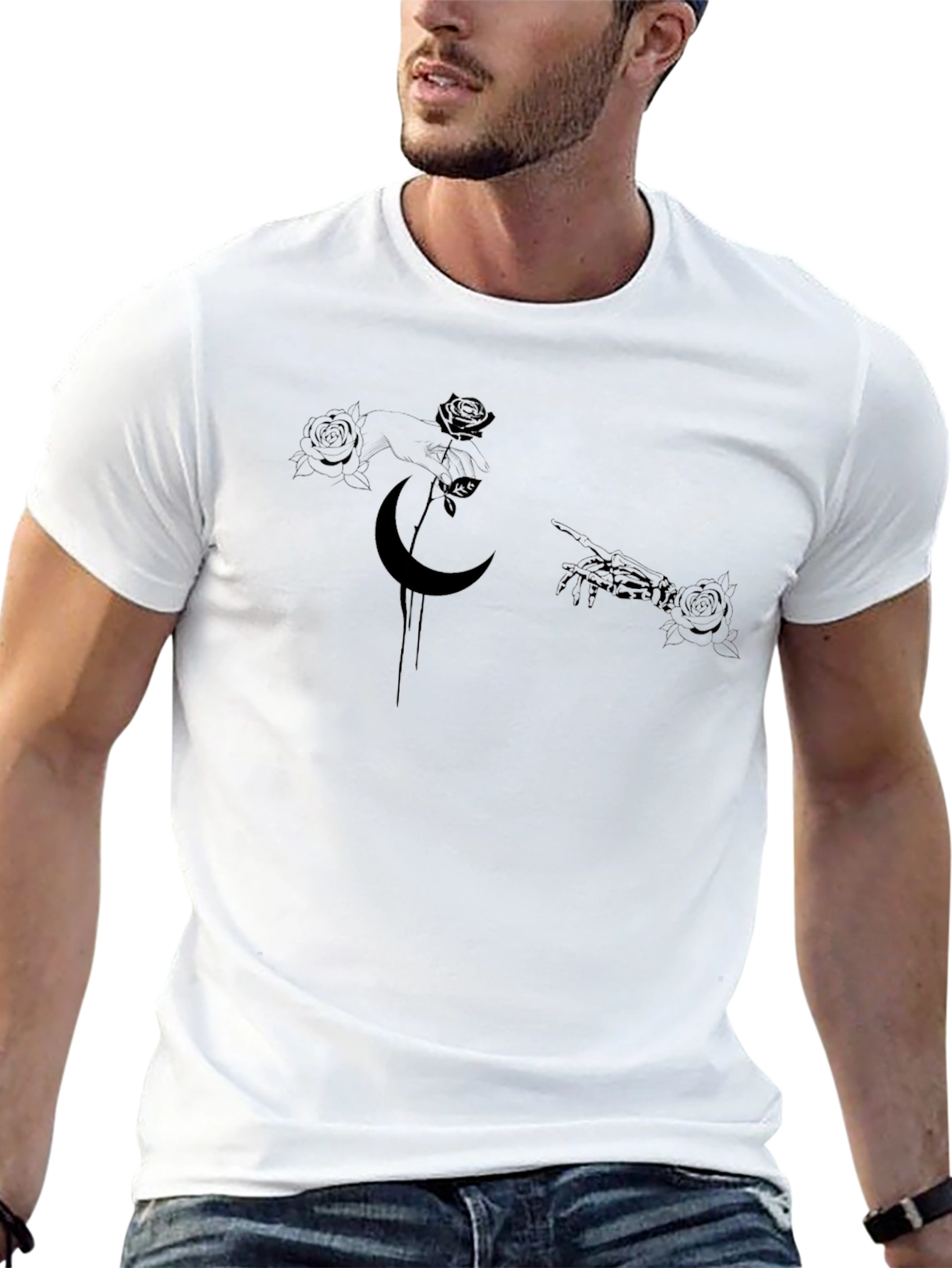 Gothic Moon & Rose Graphic Black T-Shirt