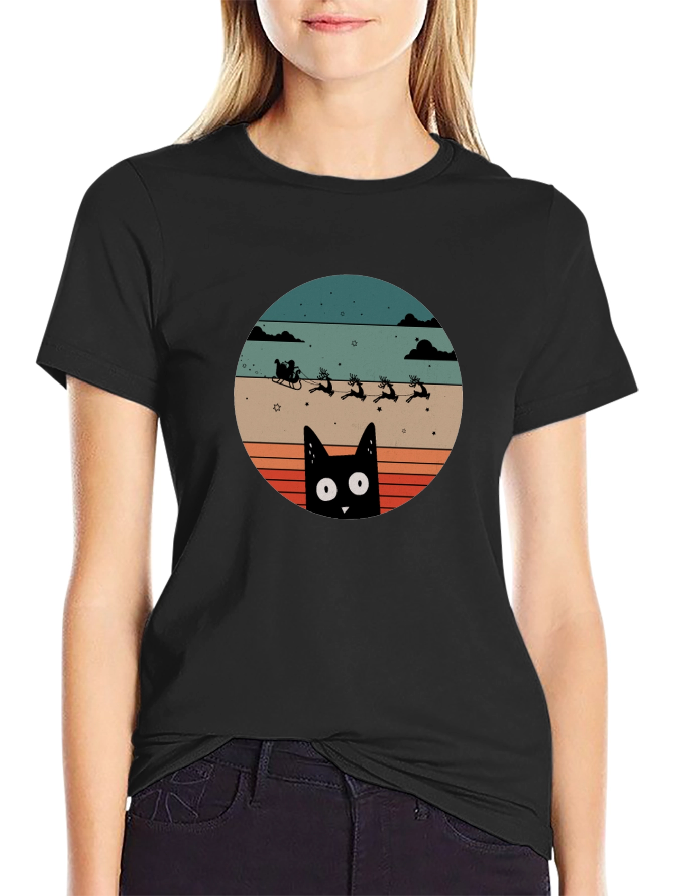 Retro Cat Santas Sleigh T-Shirt