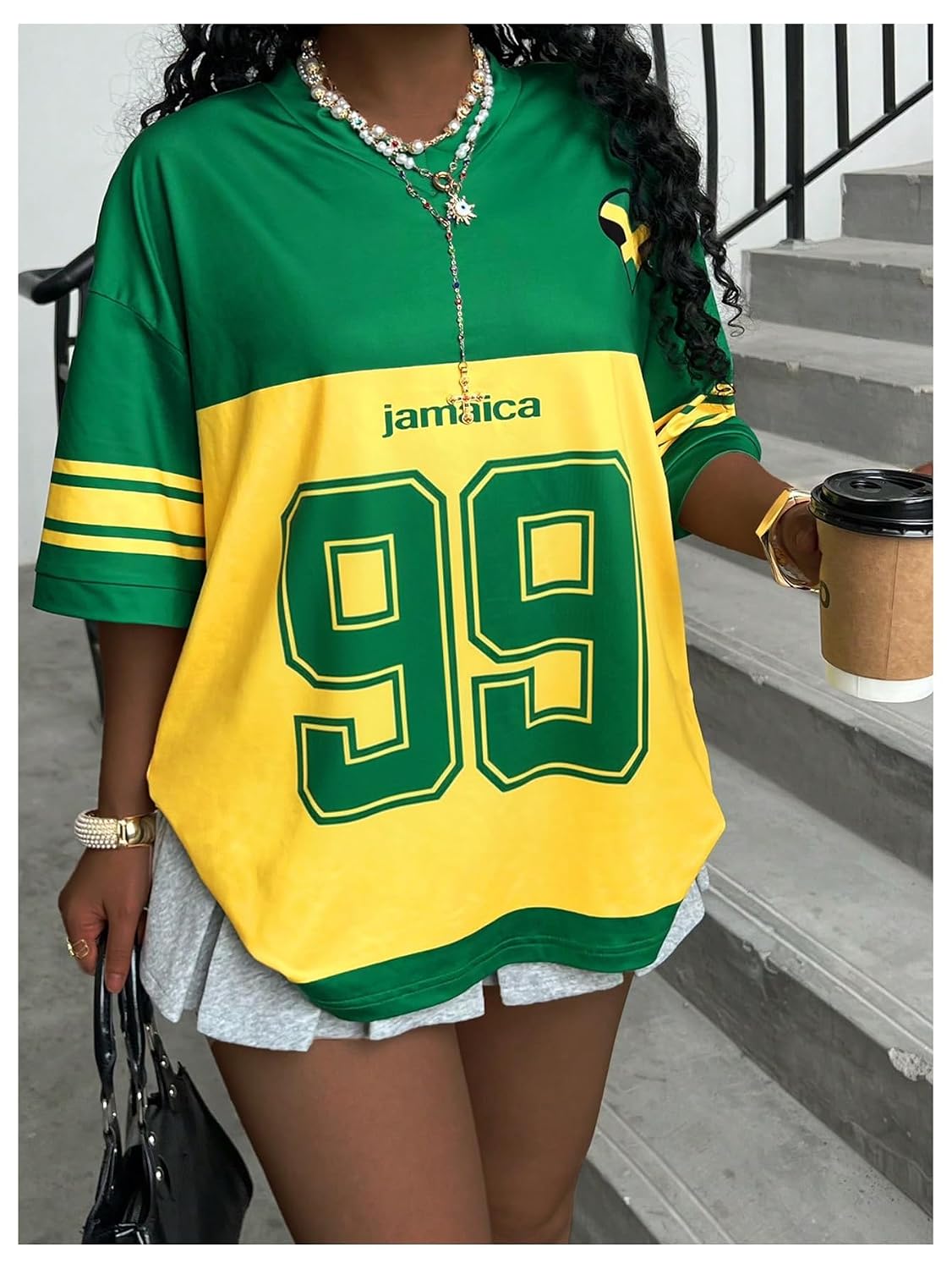 Women's Y2K Jamaica Soccer Jersey Graphic Tee V-Neck Half Sleeve Oversized Summer Top
