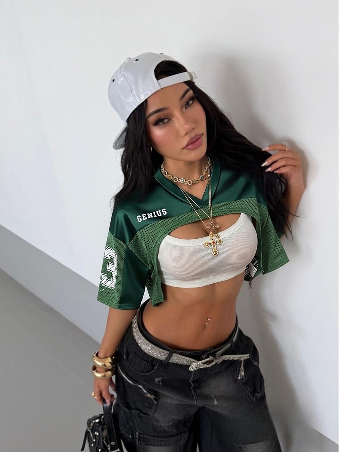 Women's Y2K Oversized Crop Top Mesh Spliced Satin Drop Shoulder Jersey Shirt