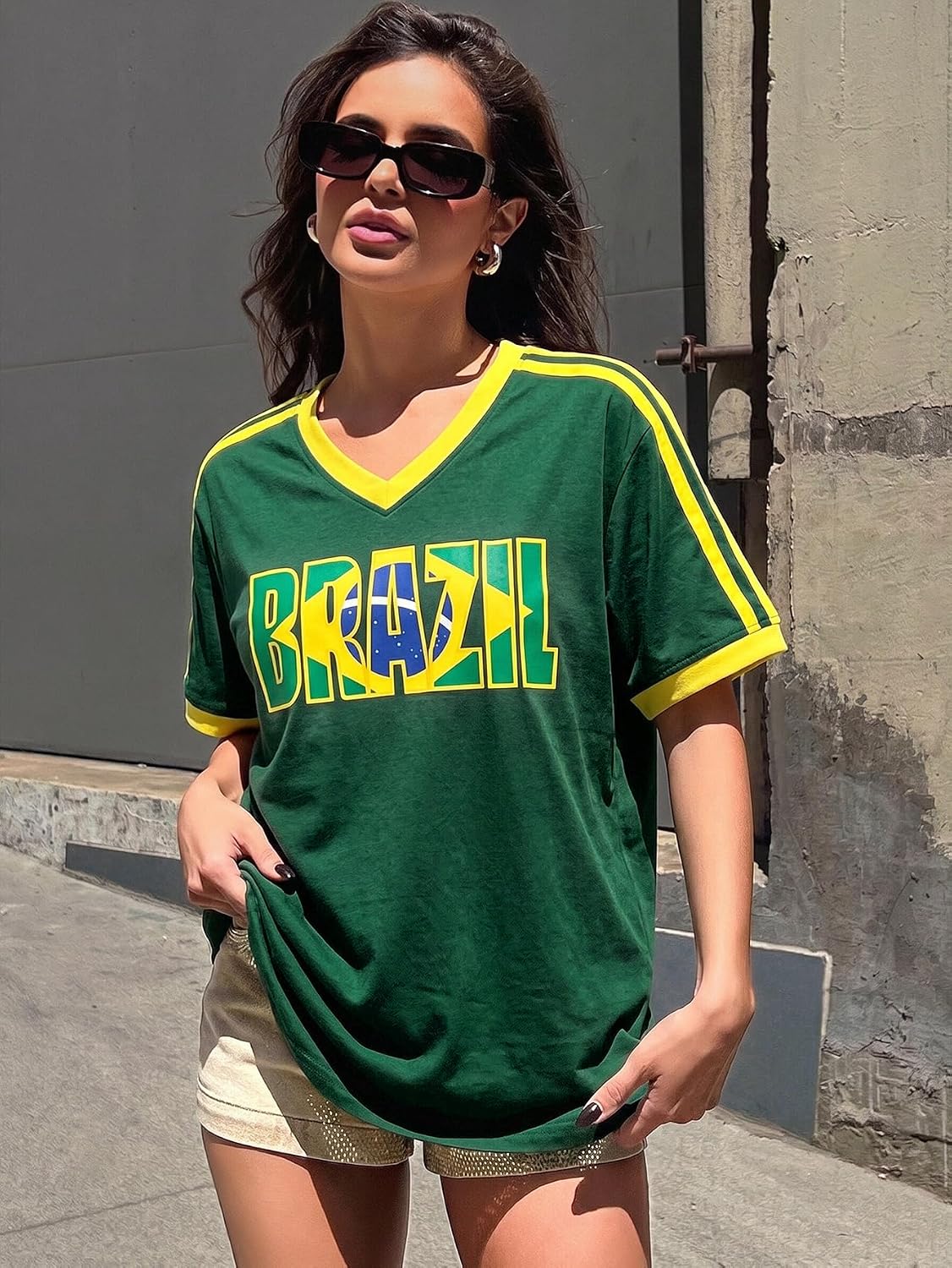 Brazil Soccer Jersey Y2K V-Neck Short Sleeve Tee for Women